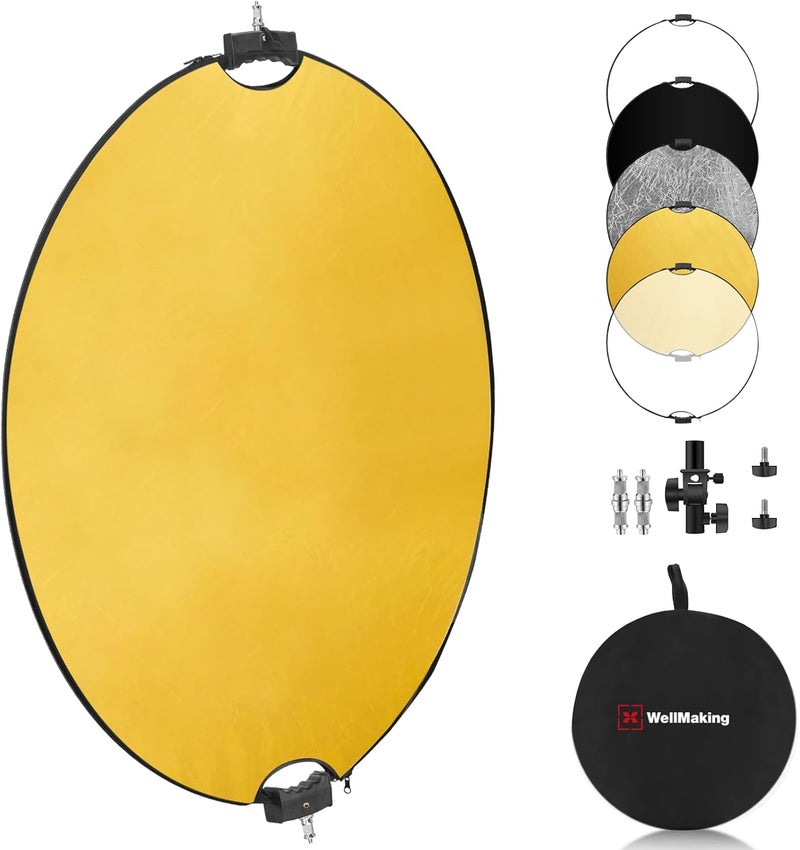 Wellmaking 43Inch/110cm Photography Light Reflector, Portable Foldable 5 in 1 Diffuser Reflectors with Bag & tilt Adapter for Studio & Outdoor Lighting-Translucent, Silver, Gold, White and Black - Image 1